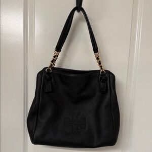 Tory Burch Black Leather Shoulder Bag with Gold Accents